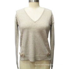 Ladies V-Neck Long Sleeve with Lace Pullover Sweater